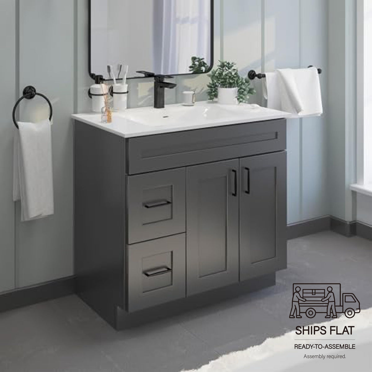36" Maple Walnut Bathroom Vanity Base â Ready-to-Assemble Sink Cabinet with Drawers, Shaker Style Storage, Base Only, No Top or Sink