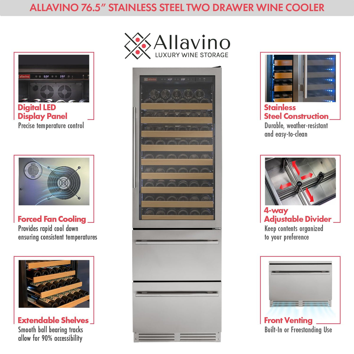 Allavino 76.5" Tall Black Wine Refrigerator with Two Refrigerated Drawers YHWR7724D-B