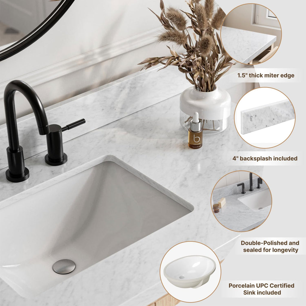 DKB Isabella 72" Oak Double Bathroom Vanity with Sink, 1.5" Carrara White Marble Countertop, Rectangle Undermount Sinks, 4 Soft Closing Doors, 6 Dovetail Drawers