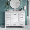DKB Beckford 42-Inch White Bathroom Vanity with Sink, Solid Wood Base Cabinet, 1.5" White Quartz Countertop, Rectangular Sink, 2 Soft Closing Doors, 9 Drawers