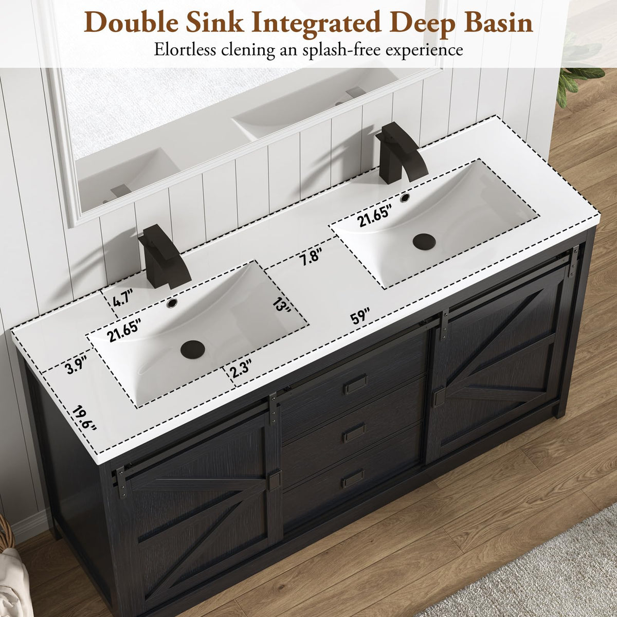 Double Bathroom Vanity with Sink & Faucet & Sewer Pipes,59" Farmhouse Bathroom Vanity Cabinet Set with 3 Storage Drawers & Sliding Barn Door,Double Sink Vanities With Metal Handle(Rustic Grey)