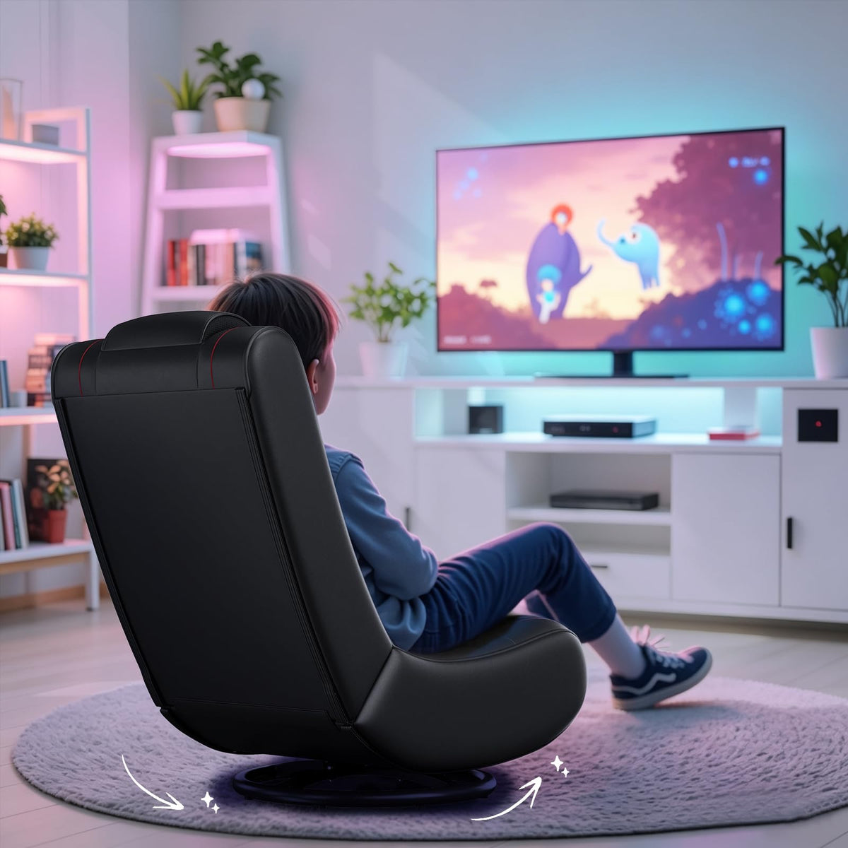 GTPLAYER Floor Gaming Chair Foldable Swivel Floor Chairs for Kids Boys Comfy Video Game Seat with 360Â° Multipurpose for Gamers, Bedroom or Game Room(Black-Blue)