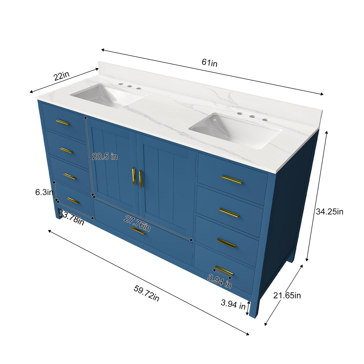 60" Bathroom Vanity Single Sink with 3 Hole, Sink Bathroom Vanity with Solid Wood Frame Storage,Soft Close Double Doors & 9 Sliding Drawers, with Gold Accents