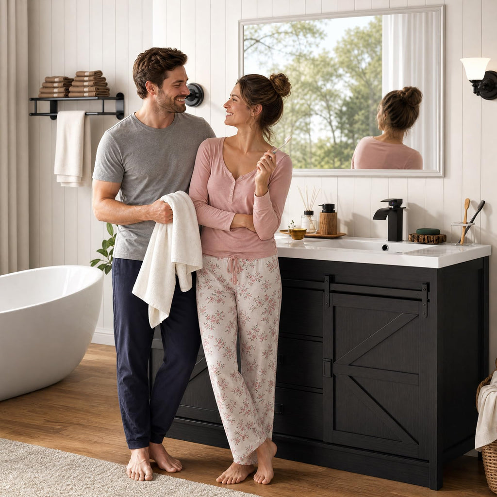 Double Bathroom Vanity with Sink & Faucet & Sewer Pipes,59" Farmhouse Bathroom Vanity Cabinet Set with 3 Storage Drawers & Sliding Barn Door,Double Sink Vanities With Metal Handle(Rustic Grey)