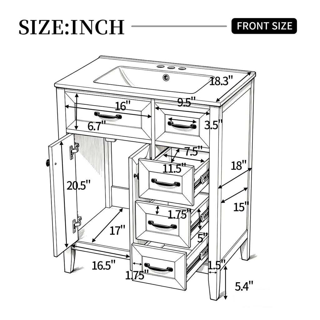 36 Inch Bathroom Vanities with Undermount Ceramic Sink, Storage Cabinet with Soft Closing Doors and Three Drawers, Solid Wood Frame, Natural Wood
