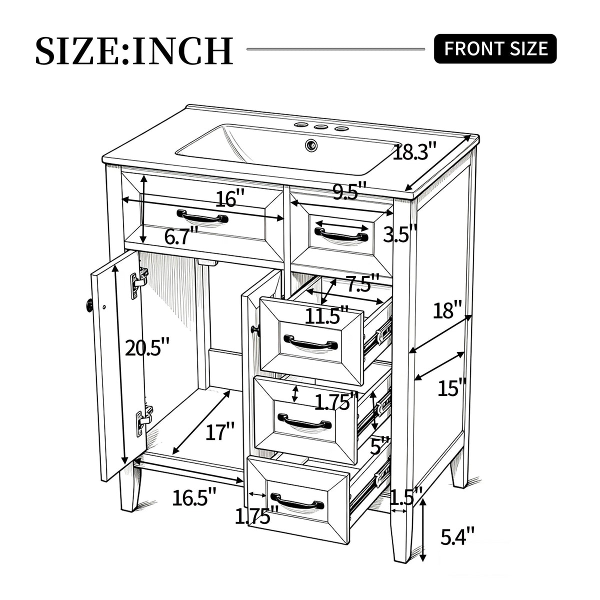 36 Inch Bathroom Vanities with Undermount Ceramic Sink, Storage Cabinet with Soft Closing Doors and Three Drawers, Solid Wood Frame, Natural Wood