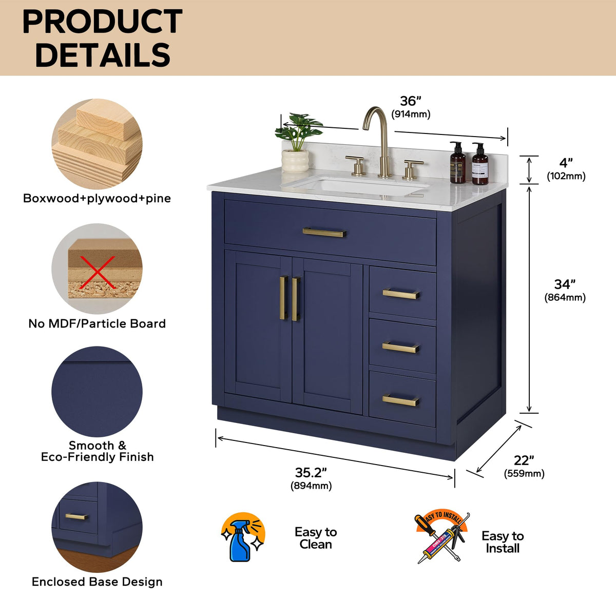 48-inch Dark Walnut Bathroom Vanity with Sink, Solid Wood, 0.79-inch Stone Countertop and Backsplash, 9 Drawers, 2 Soft Closing Doors