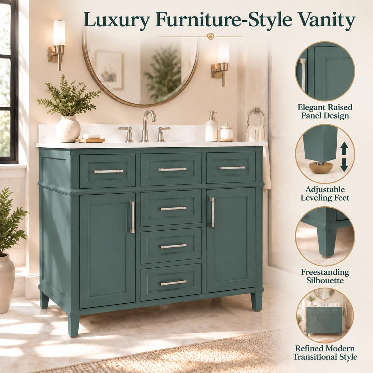 60 Inch Bathroom Vanity with Sink, Fully Assembled, Green