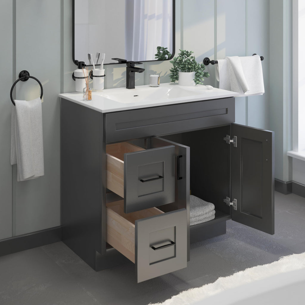 36" Maple Walnut Bathroom Vanity Base â Ready-to-Assemble Sink Cabinet with Drawers, Shaker Style Storage, Base Only, No Top or Sink