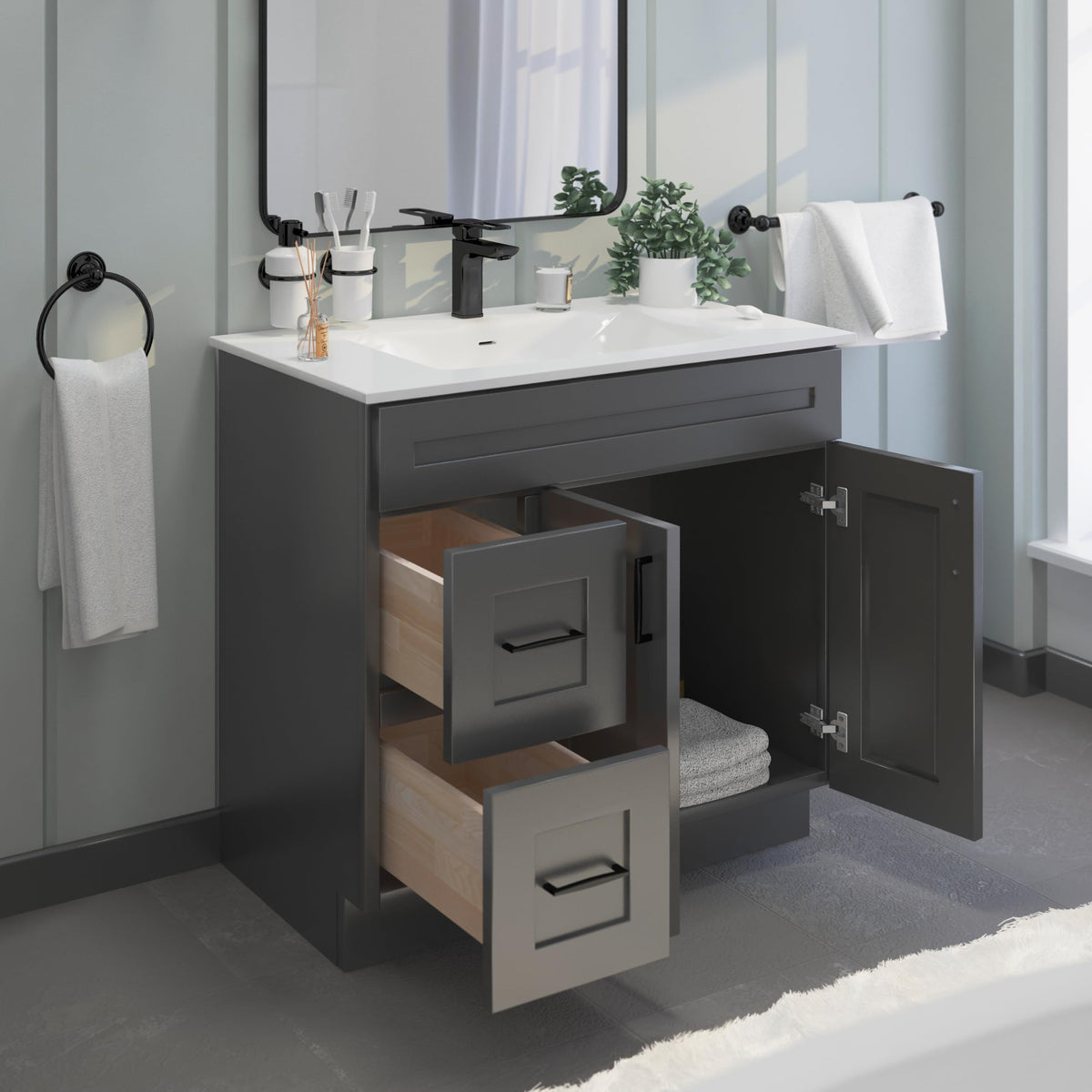 36" Maple Walnut Bathroom Vanity Base â Ready-to-Assemble Sink Cabinet with Drawers, Shaker Style Storage, Base Only, No Top or Sink