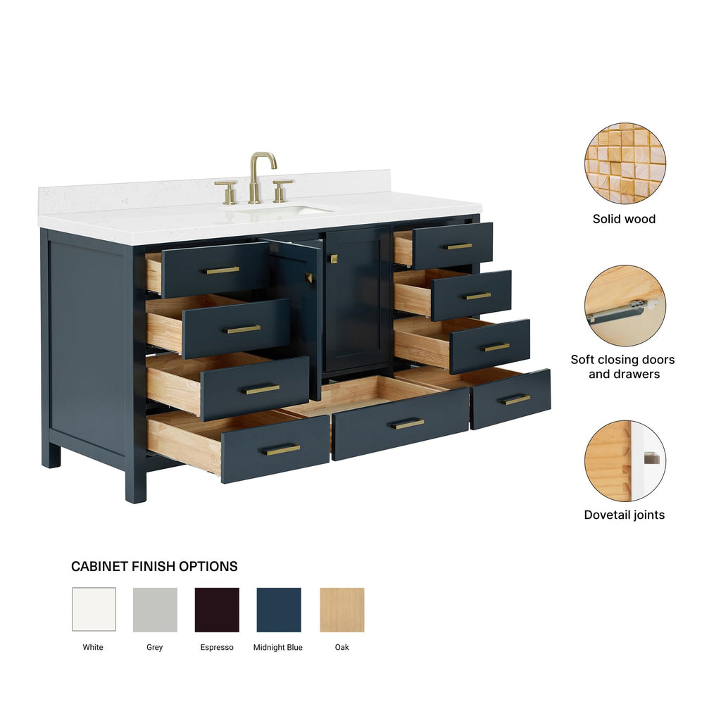 ARIEL Cambridge 66-inch Bathroom Vanity with Sink,Solid Wood, 1.5-inch Italian Carrara Marble Countertop, Single Rectangular Porcelain Sink, 2 Soft Closing Doors, 9 Dovetail Drawers, Midnight Blue