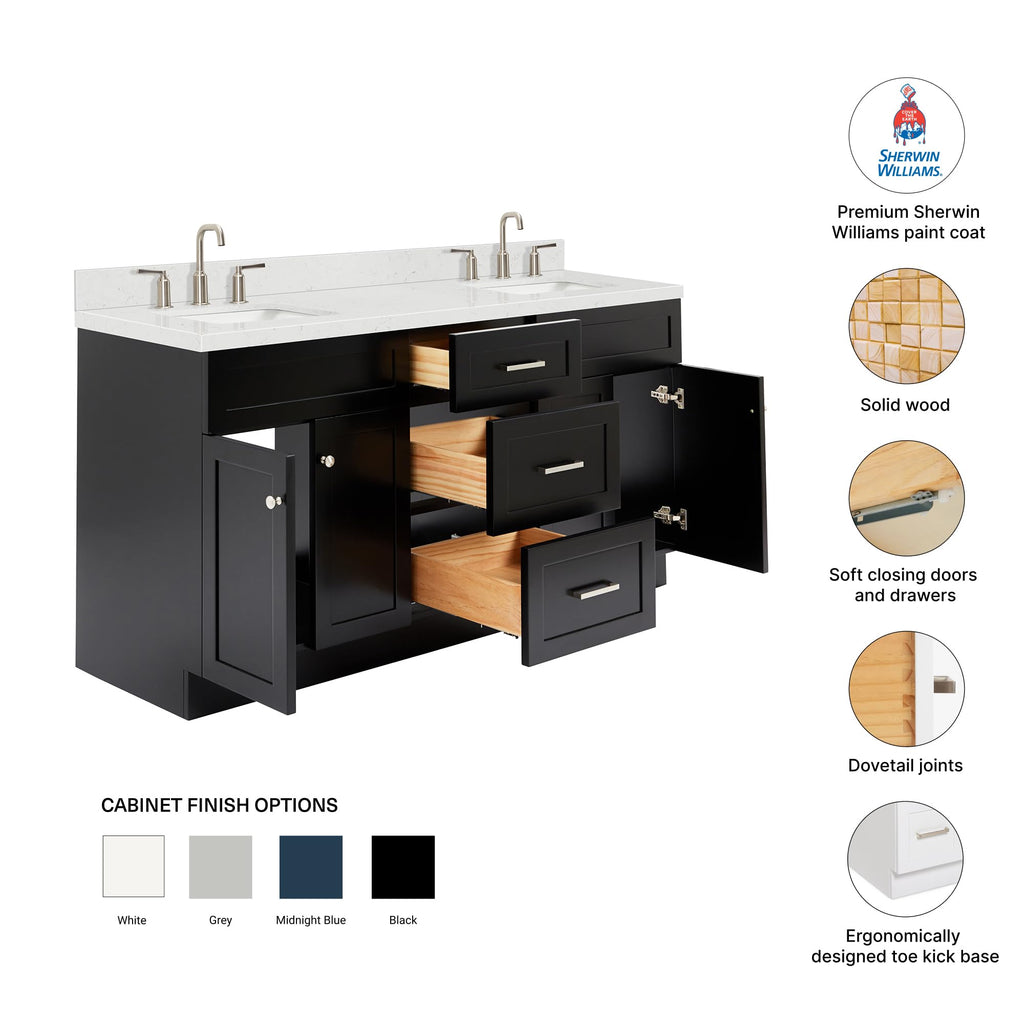 DKB Isabella 66" White Double Bathroom Vanity with 1.5" Carrara Quartz Countertop, Double Rectangular Undermount Sinks, 4 Soft Closing Doors, 6 Dovetail Drawers