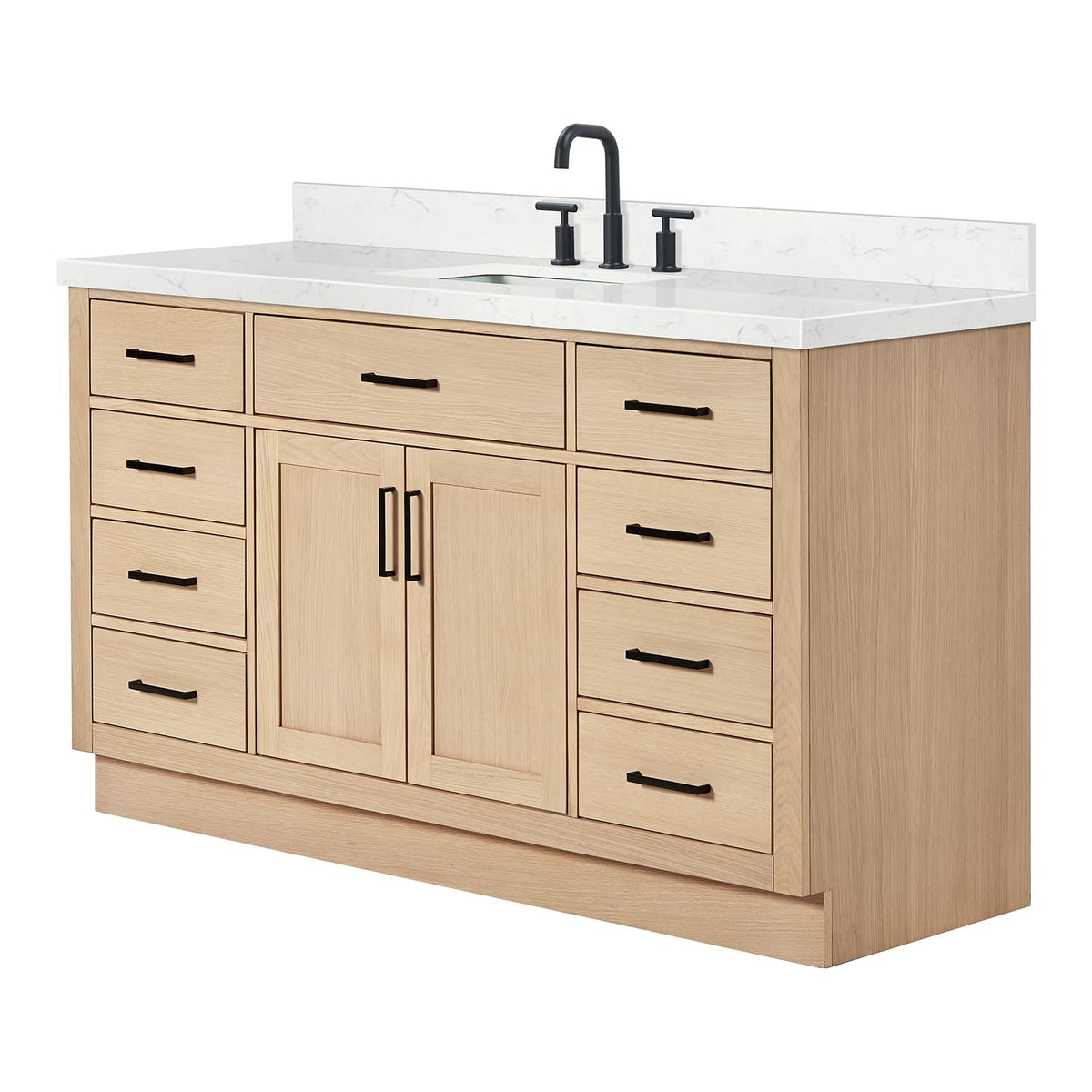 ARIEL Hepburn 60-inch Bathroom Vanity with Sink,Solid Wood, 1.5-inch Carrara White Quartz Countertop & Backsplash, Single Rectangular Porcelain Sink, 2 Soft Closing Doors, 9 Dovetail Drawers, Black