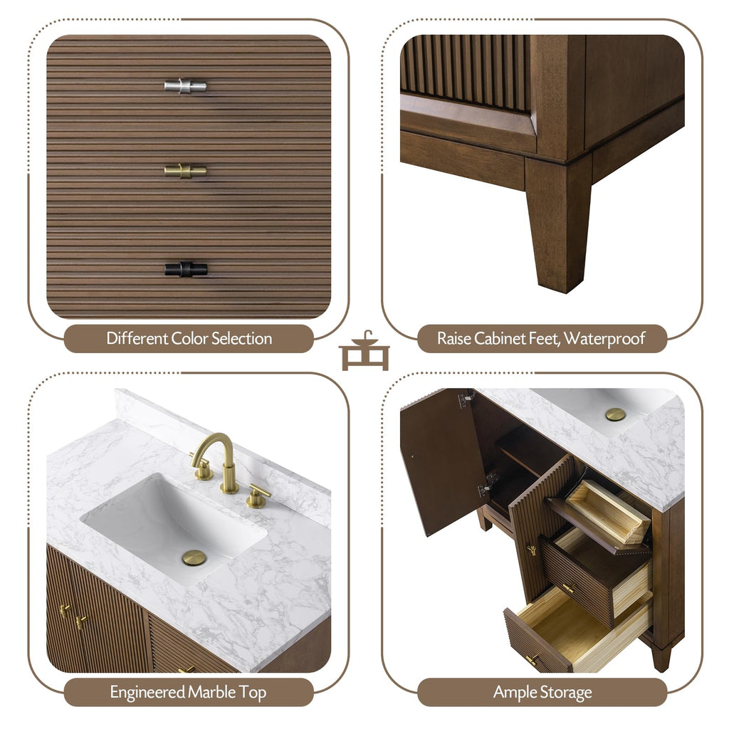 Vanity Art 72" Bathroom Vanity with Double Sink & Arabescato White Engineered Stone Top, Vanity Cabinet with Soft Closing Door, Solid Wood Frame, Golden Brushed Handles, Walnut VA8172D-Walnut-GB