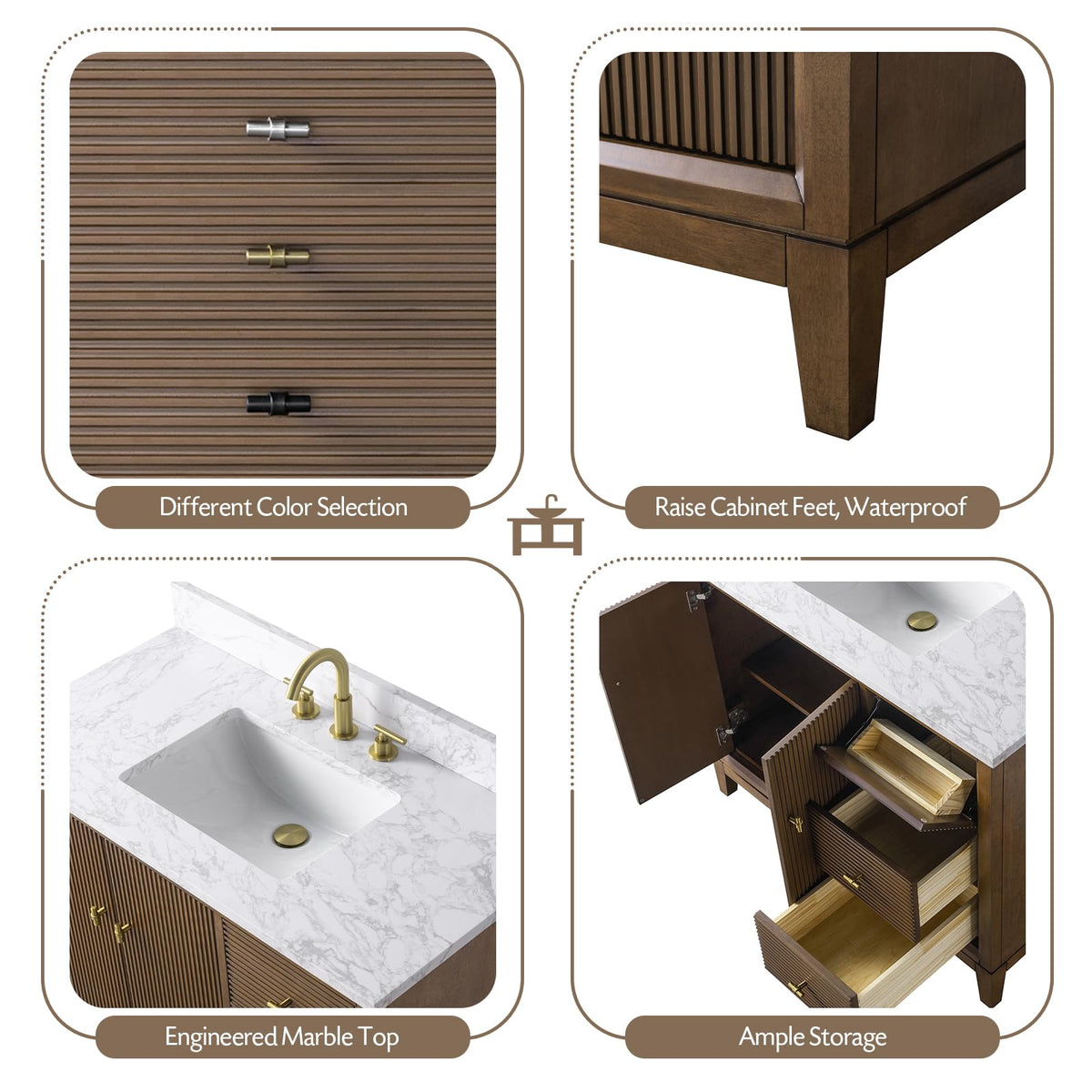 Vanity Art 72" Bathroom Vanity with Double Sink & Arabescato White Engineered Stone Top, Vanity Cabinet with Soft Closing Door, Solid Wood Frame, Golden Brushed Handles, Walnut VA8172D-Walnut-GB