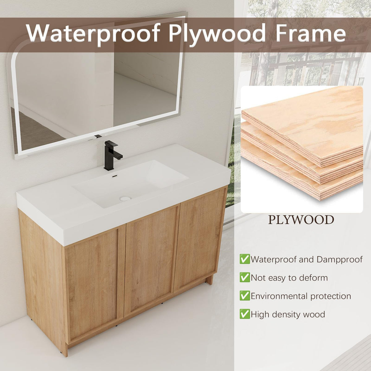 70" Double Sink Bathroom Vanity with Resin Basin, Faux Oak Finish