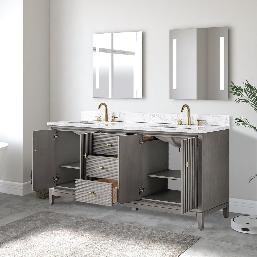 Vanity Art 72" Bathroom Vanity with Double Sink & Arabescato White Engineered Stone Top, Vanity Cabinet with Soft Closing Door, Solid Wood Frame, Golden Brushed Handles, Walnut VA8172D-Walnut-GB