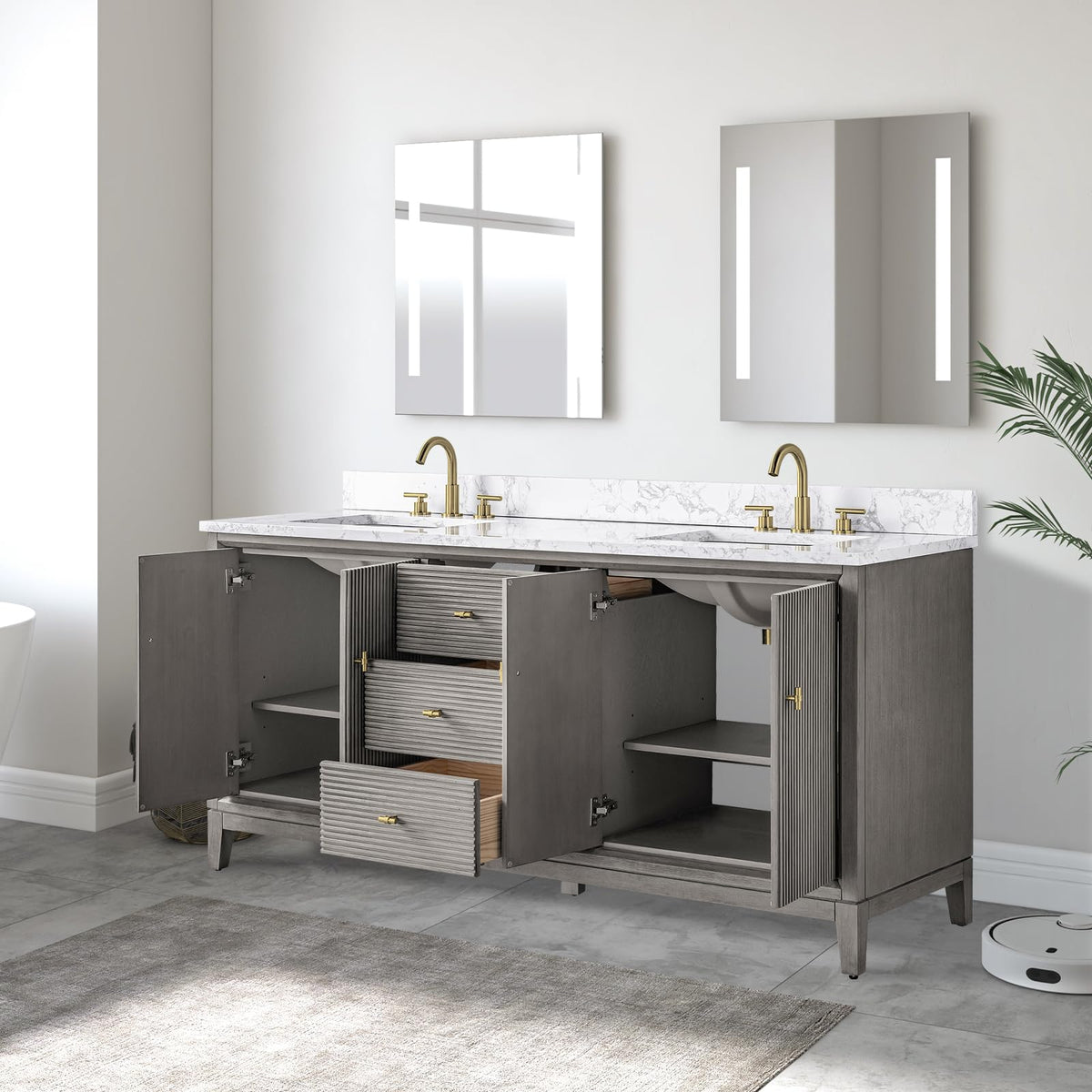 Vanity Art 72" Bathroom Vanity with Double Sink & Arabescato White Engineered Stone Top, Vanity Cabinet with Soft Closing Door, Solid Wood Frame, Golden Brushed Handles, Walnut VA8172D-Walnut-GB