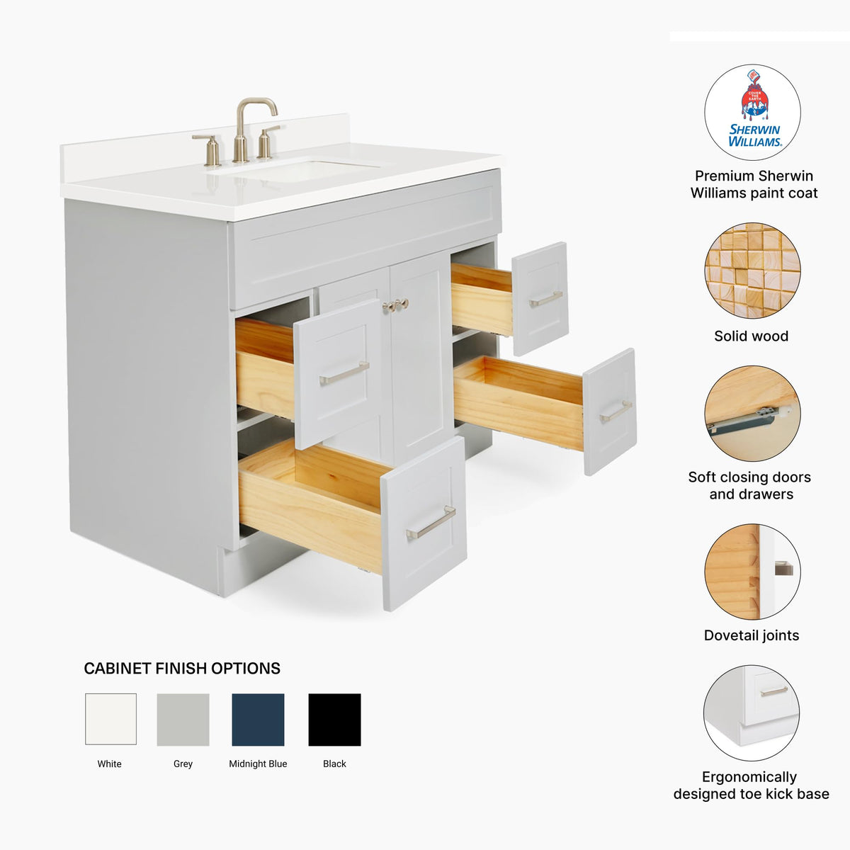 DKB Beckford 42-Inch White Bathroom Vanity with Sink, Solid Wood Base Cabinet, 1.5" White Quartz Countertop, Rectangular Sink, 2 Soft Closing Doors, 9 Drawers