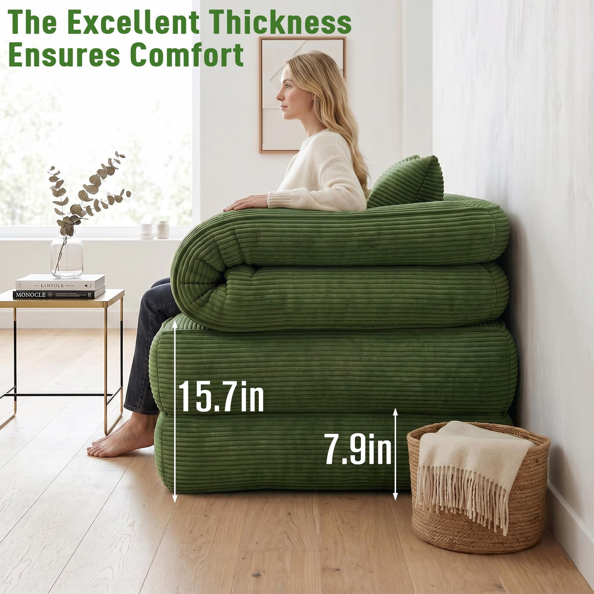 Folding Sofa Bed, Convertible Sleeper Chair with Armrests, Corduroy Foldable Boneless Bed, 3-in-1 Portable Futon Couch Floor Sofa with Pillow for Bedroom, Living Room, Orange