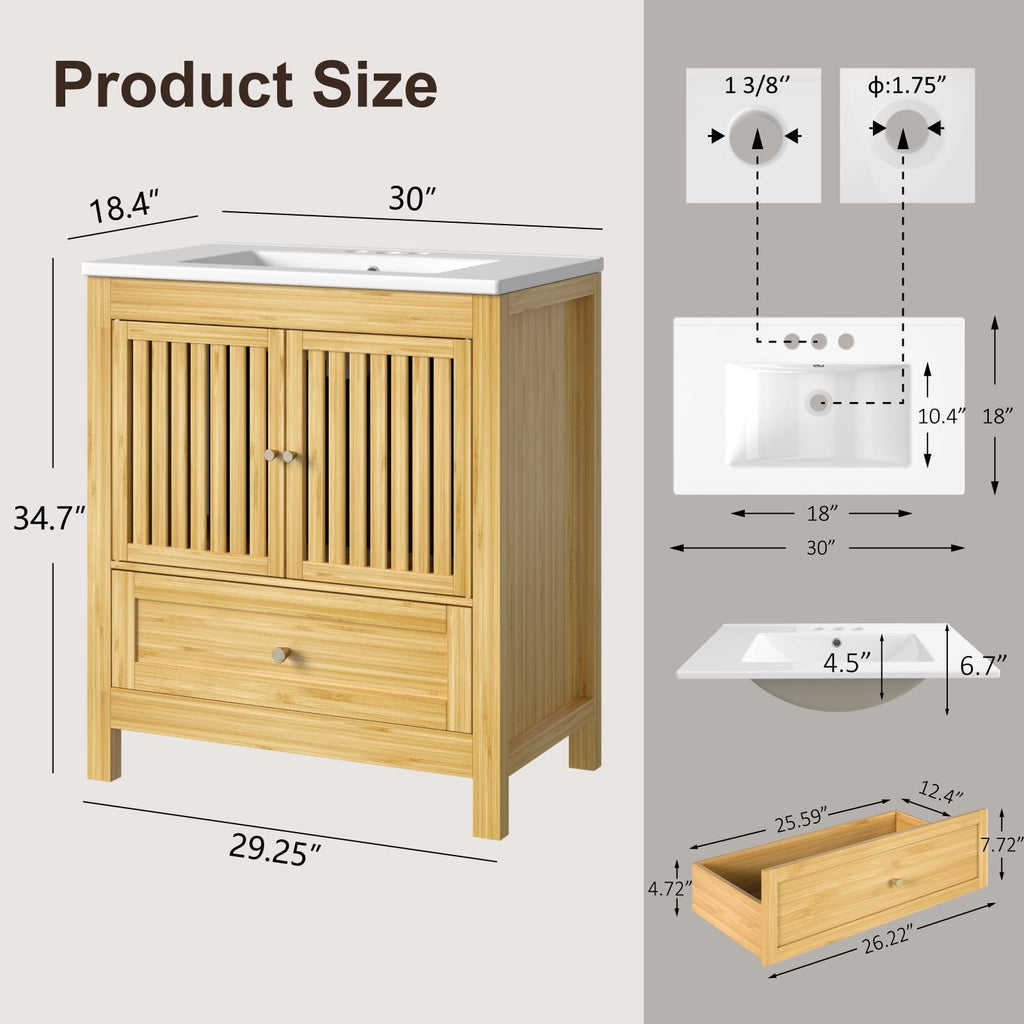 30" Bathroom Vanity with Sink, Modern Bathroom Cabinet, White