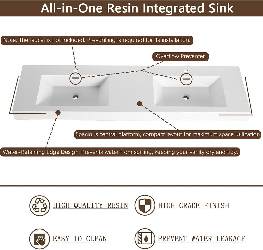 70" Double Sink Bathroom Vanity with Resin Basin, Faux Oak Finish