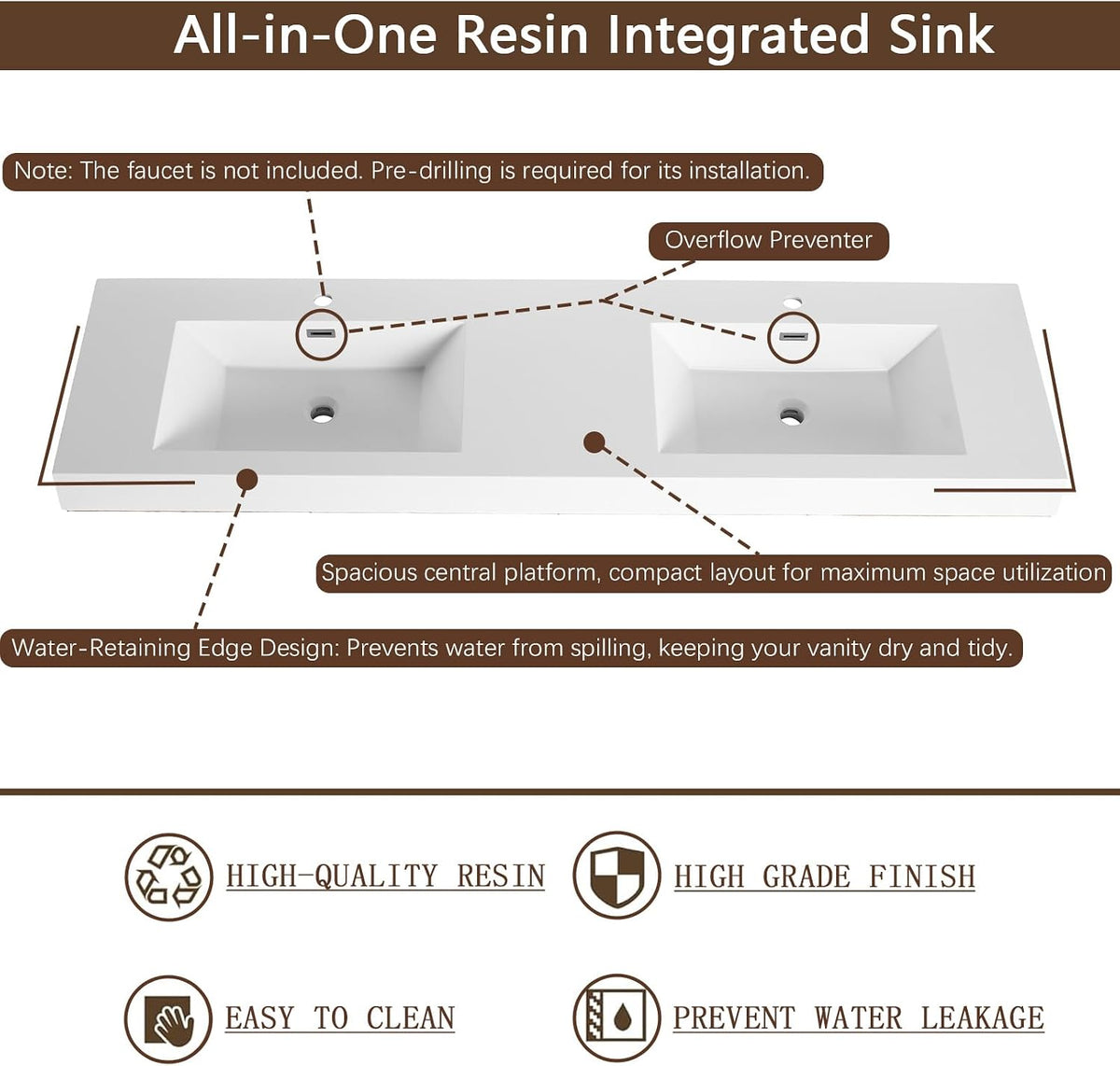 70" Double Sink Bathroom Vanity with Resin Basin, Faux Oak Finish