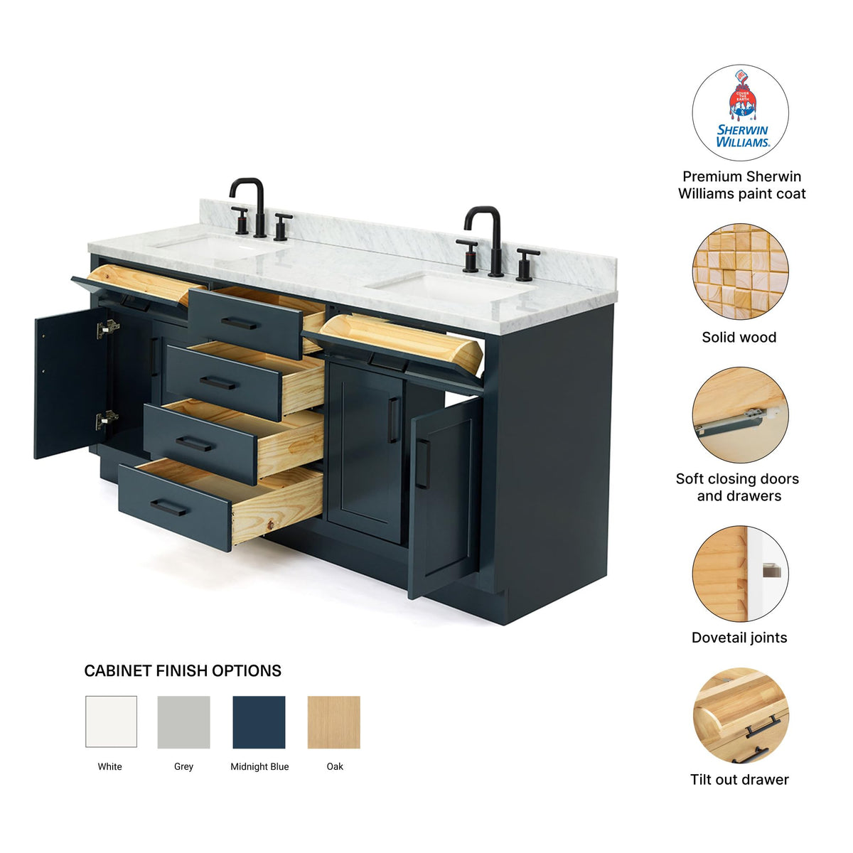 DKB Isabella 72" Oak Double Bathroom Vanity with Sink, 1.5" Carrara White Marble Countertop, Rectangle Undermount Sinks, 4 Soft Closing Doors, 6 Dovetail Drawers