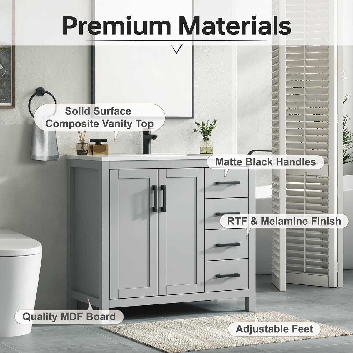 36 Inch Modern Bathroom Vanity with Sink, Black