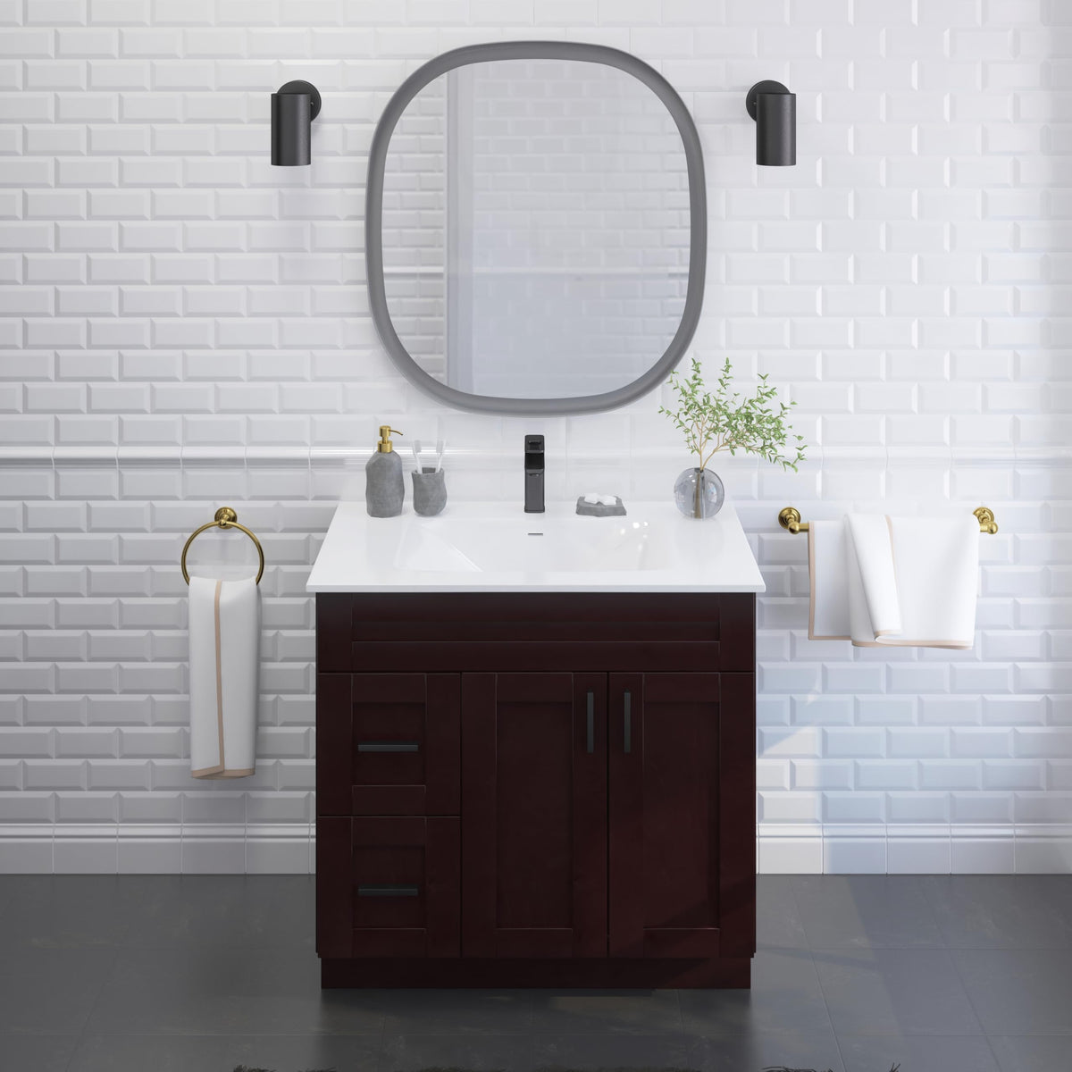 36" Maple Walnut Bathroom Vanity Base â Ready-to-Assemble Sink Cabinet with Drawers, Shaker Style Storage, Base Only, No Top or Sink