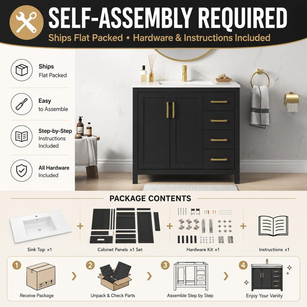 36 Inch Modern Bathroom Vanity with Sink, Black