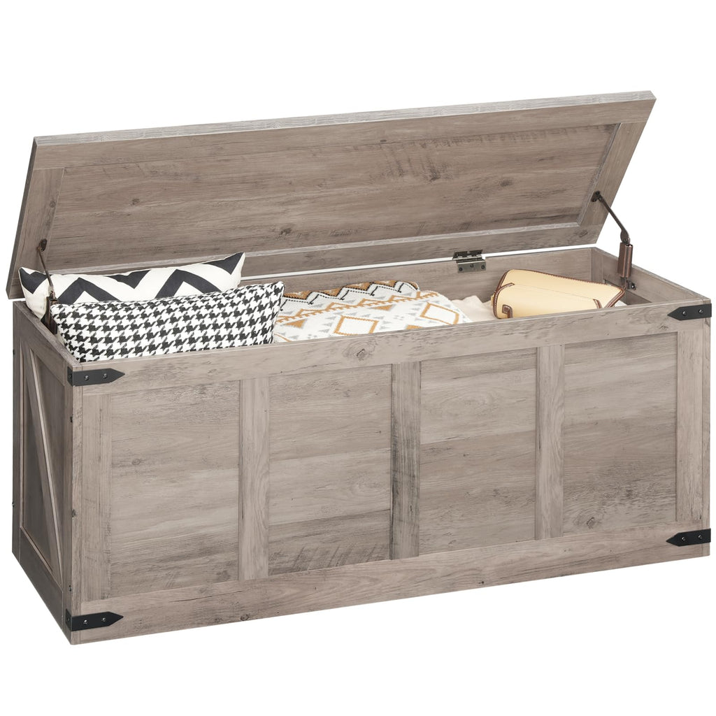 HOOBRO 47.2âStorage Bench Large, Toy Box with 2 Safety Hinges, Farmhouse Wooden Storage Chest, Easy Assembly for Bedroom, Living Room, Entryway, White and Walnut WH520CW01