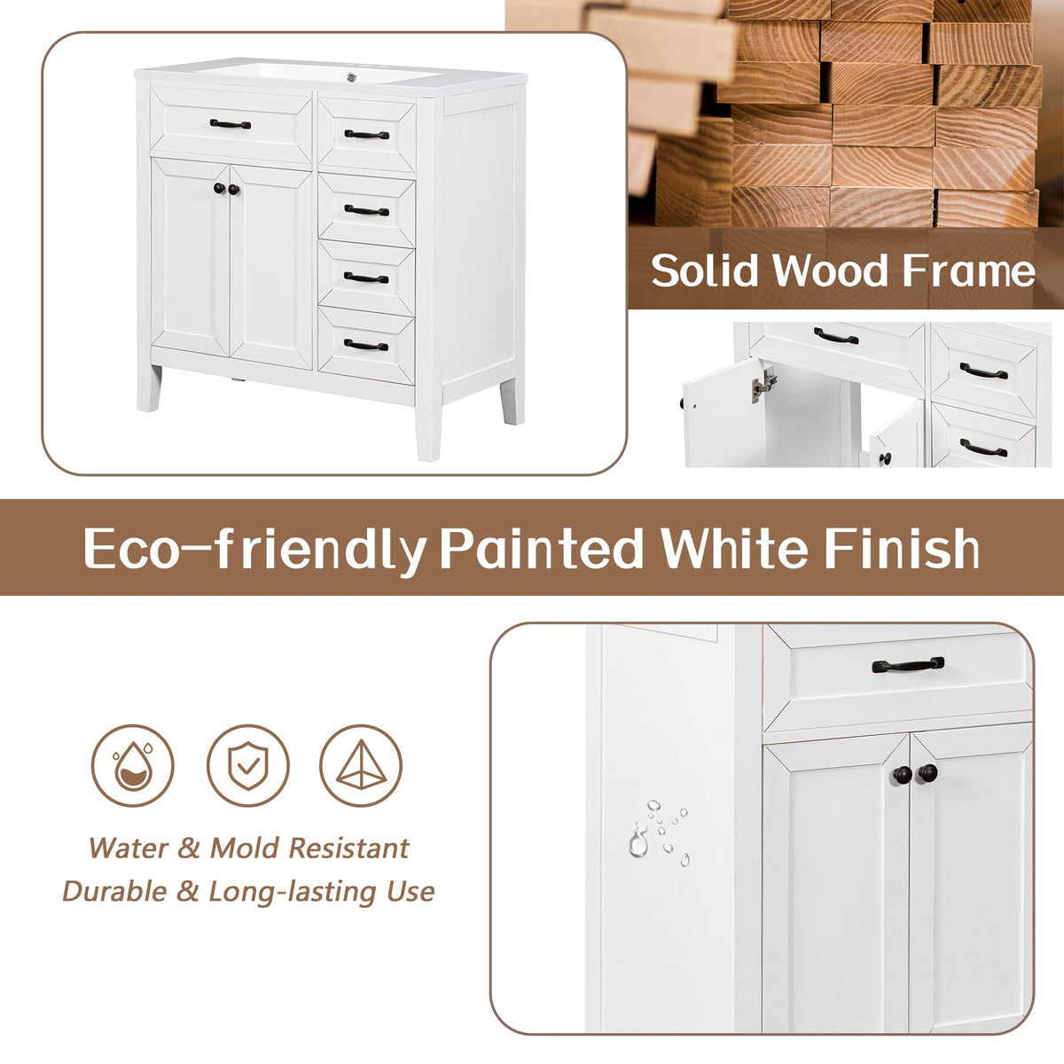 36 Inch Bathroom Vanities with Undermount Ceramic Sink, Storage Cabinet with Soft Closing Doors and Three Drawers, Solid Wood Frame, Natural Wood