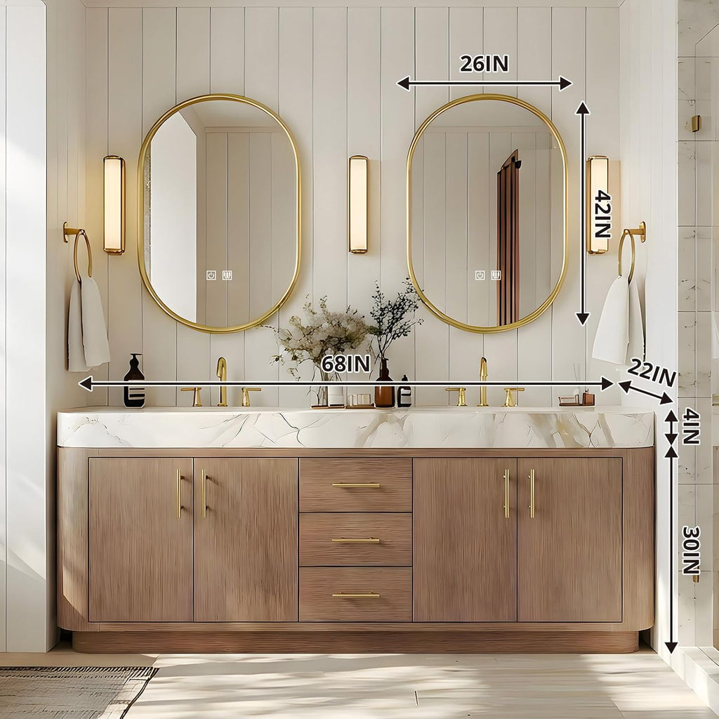 68 Inch Bathroom Vanity with Double Sink, Light Walnut