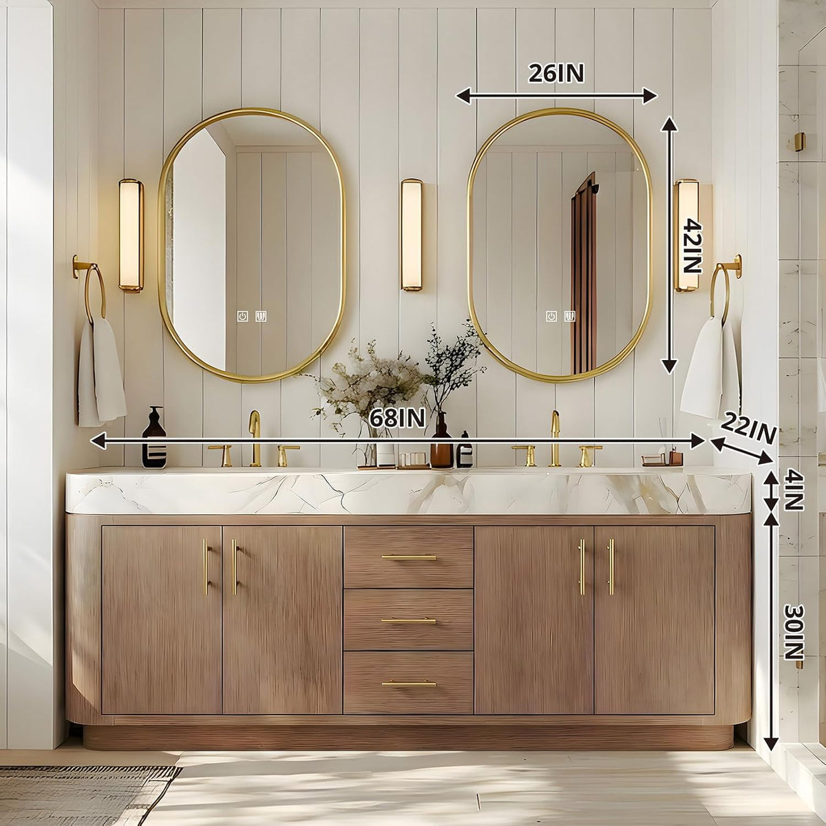 68 Inch Bathroom Vanity with Double Sink, Light Walnut