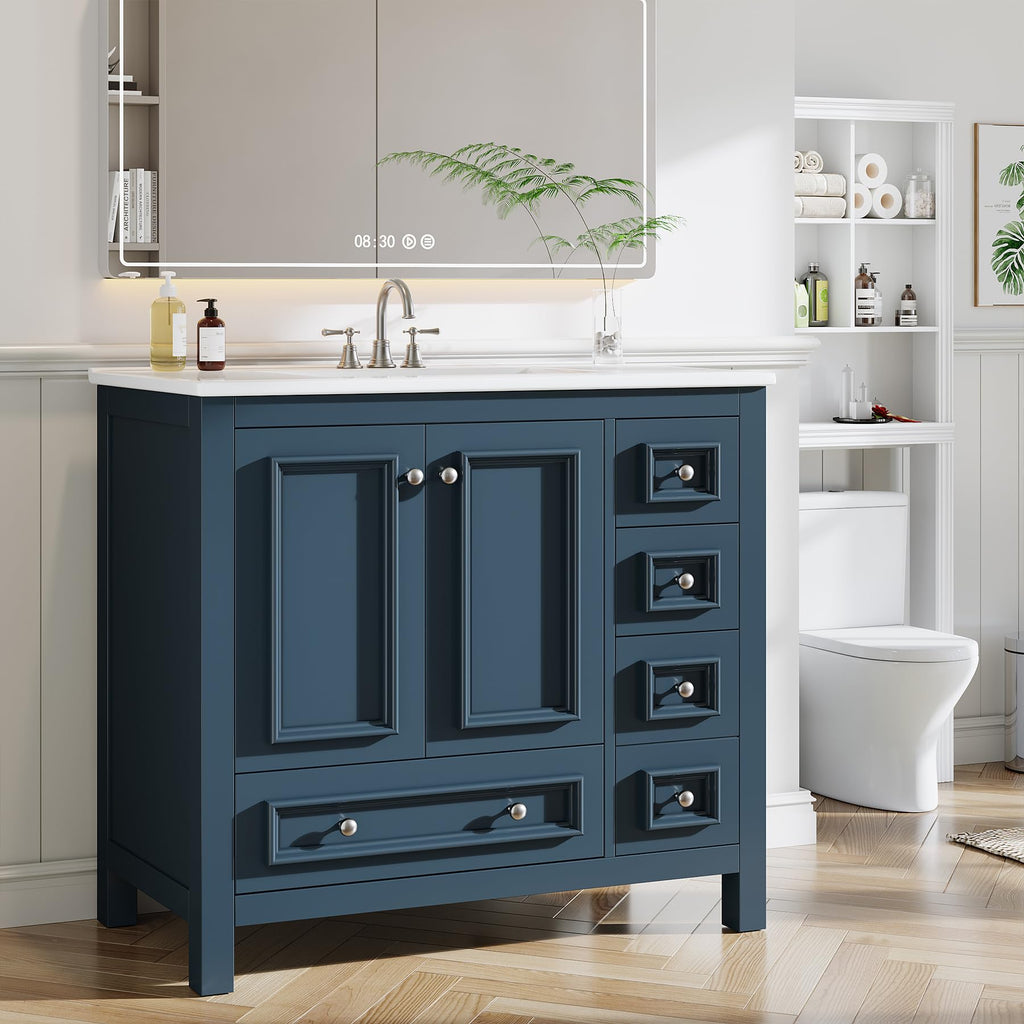 Tribesigns 30" Bathroom Vanity with Sink, Freestanding Bathroom Vanities Cabinet with Ceramic Basin Combo, Bathroom Sink Cabinet with 2 Doors and 1 Drawer, Solid Wooden Frame (Navy Blue, 30 INCH)