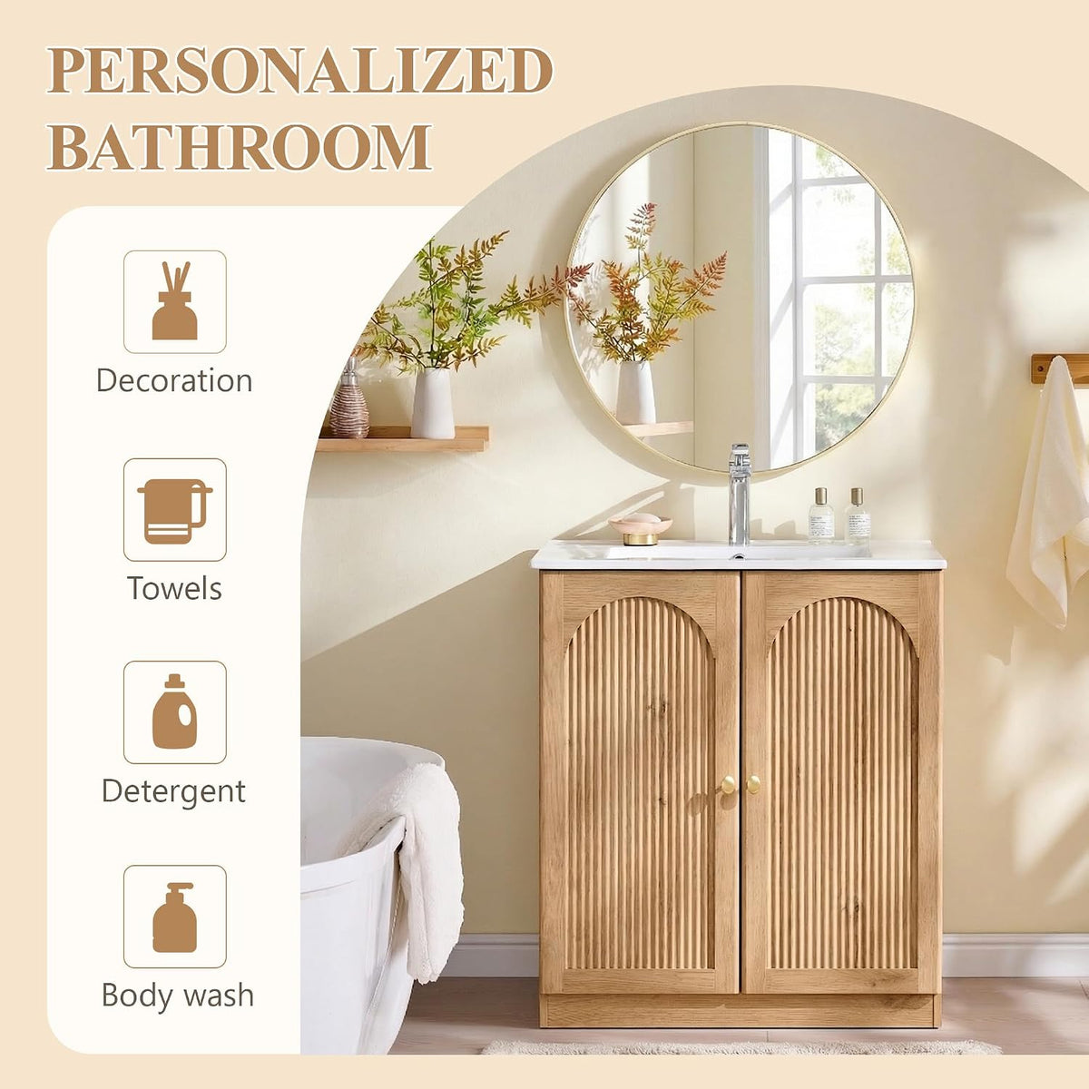 IFGET 30 Inch Bathroom Vanity with Sink, Arched Fluted Design, Natural Oak