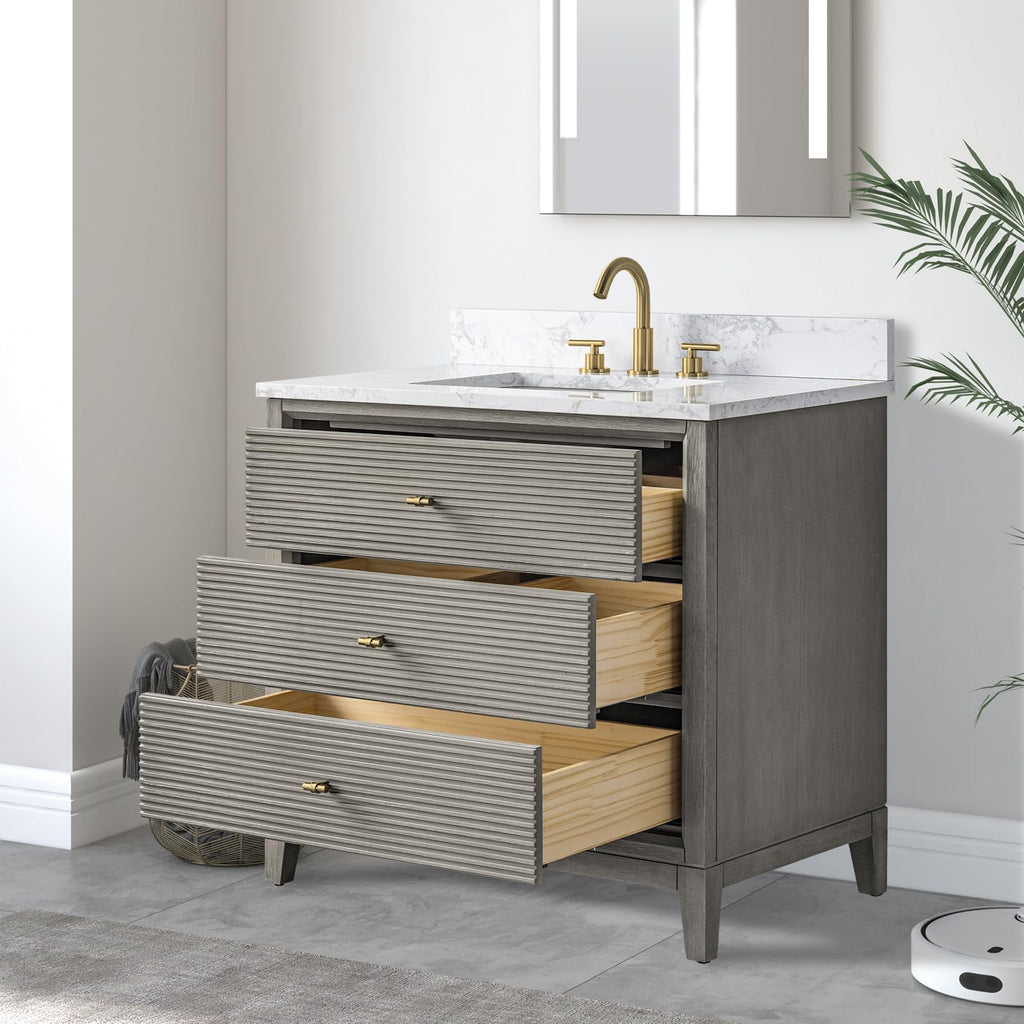 Vanity Art 72" Bathroom Vanity with Double Sink & Arabescato White Engineered Stone Top, Vanity Cabinet with Soft Closing Door, Solid Wood Frame, Golden Brushed Handles, Walnut VA8172D-Walnut-GB