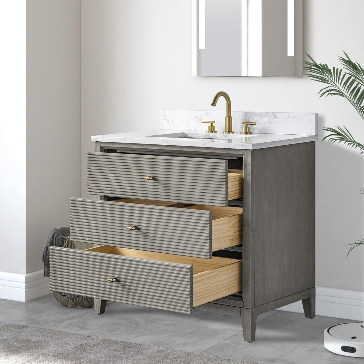 Vanity Art 72" Bathroom Vanity with Double Sink & Arabescato White Engineered Stone Top, Vanity Cabinet with Soft Closing Door, Solid Wood Frame, Golden Brushed Handles, Walnut VA8172D-Walnut-GB