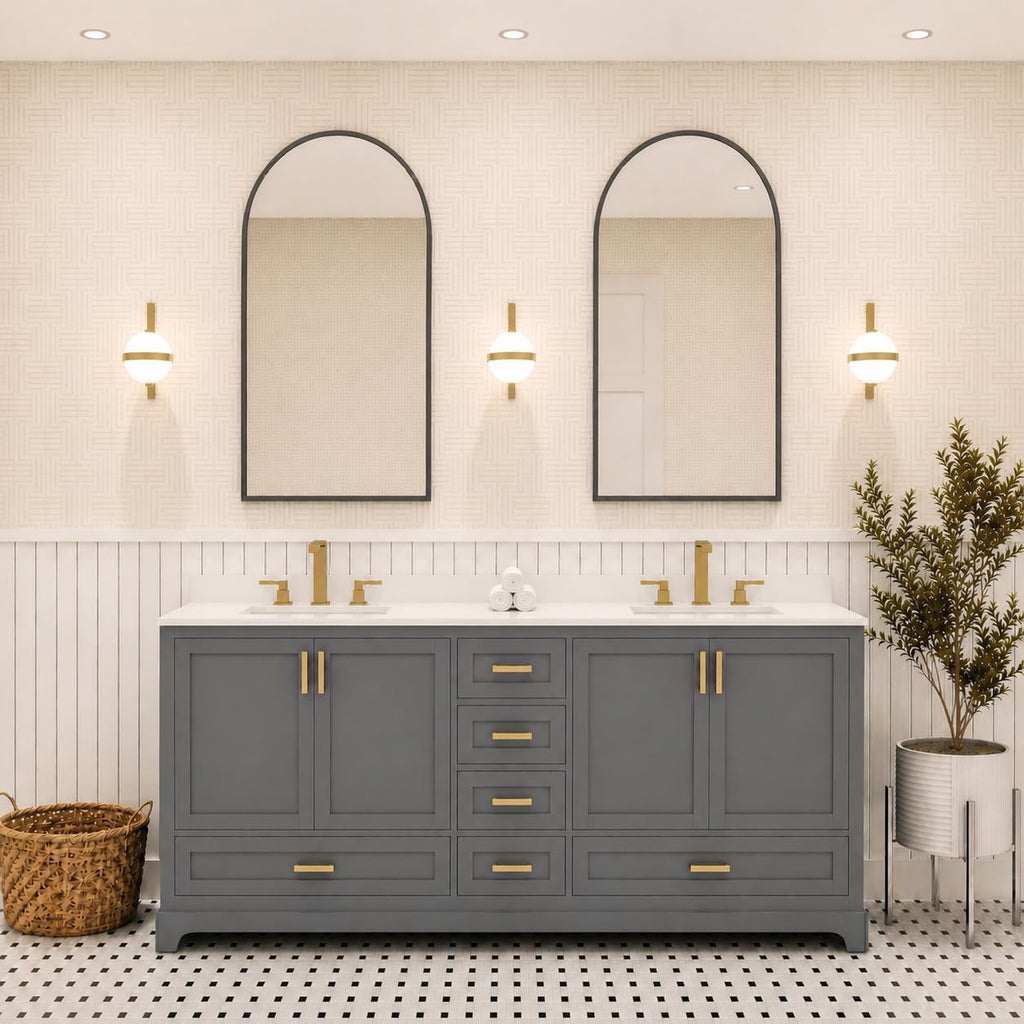 Ayna Decors Maya 72 Inch Double Vanity with Sink and Pre Drilled Faucet Holes Quartz Top in Charcoal Grey, Freestanding Bathroom Vanities with Soft Close Doors and Drawers - Brushed Gold Hardware