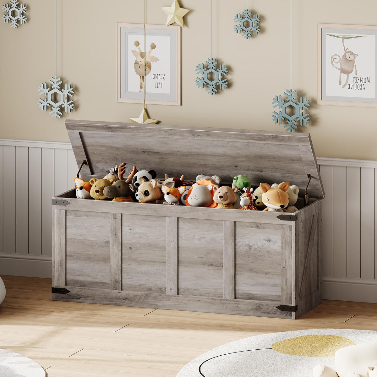 HOOBRO 47.2âStorage Bench Large, Toy Box with 2 Safety Hinges, Farmhouse Wooden Storage Chest, Easy Assembly for Bedroom, Living Room, Entryway, White and Walnut WH520CW01