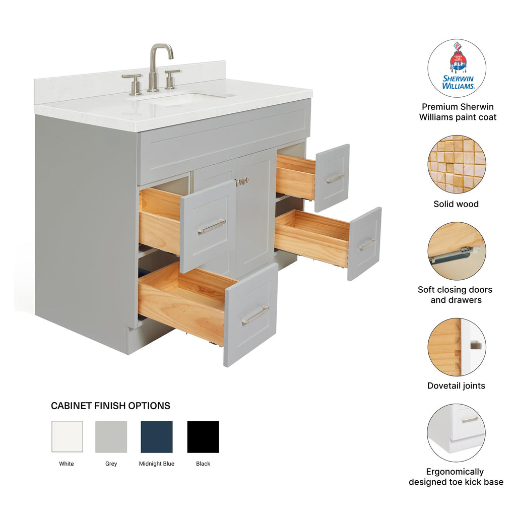 DKB Emilia 48-Inch Bathroom Vanity with Sink â Midnight Blue Single Sink Bathroom Vanity, 1.5" Edge Carrara Quartz Countertop, Solid Wood, 2 Soft Closing Doors, 9 Dovetail Drawers