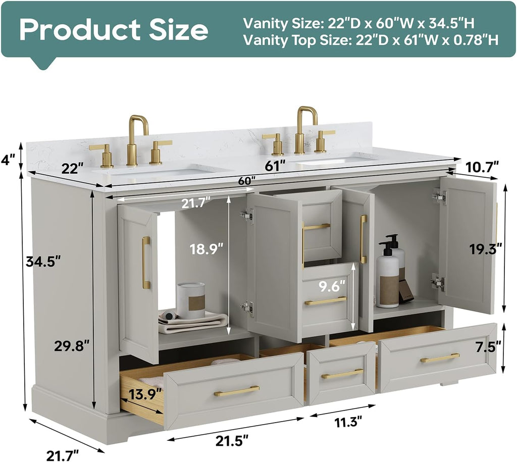 60 Inch Bathroom Vanity with Double Sink Combo, Greige