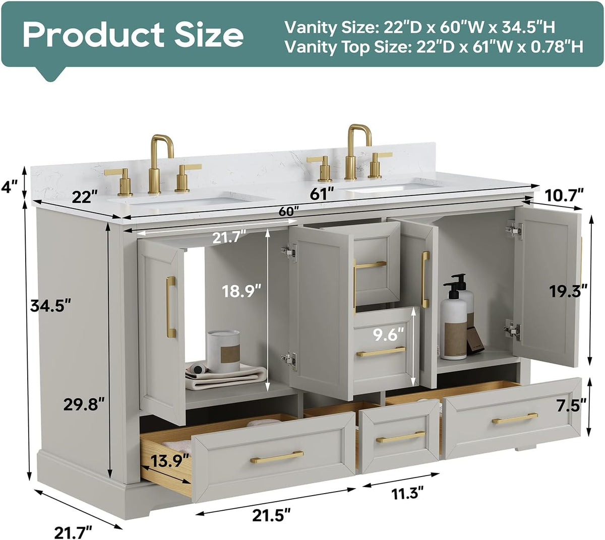 60 Inch Bathroom Vanity with Double Sink Combo, Greige
