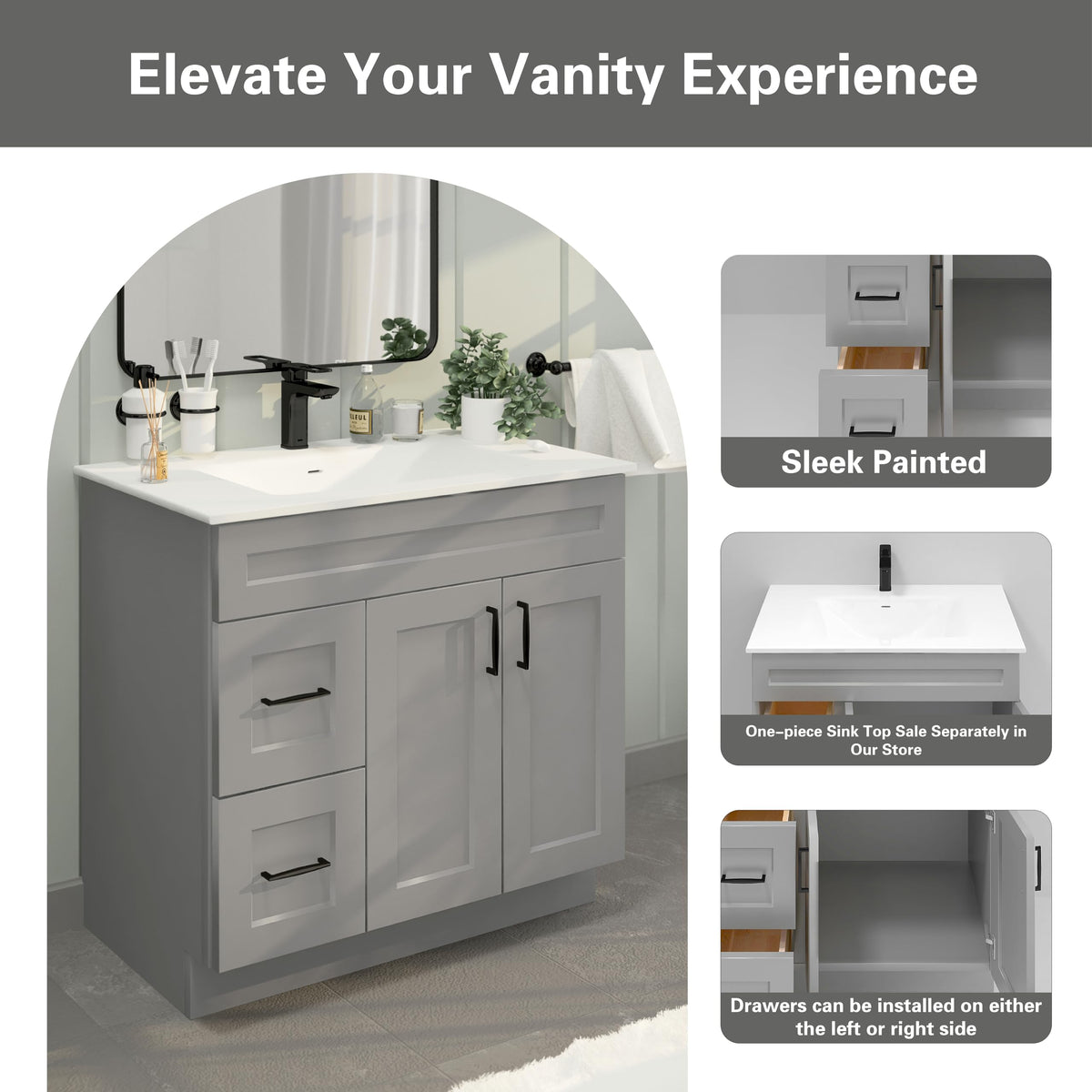 36" Maple Walnut Bathroom Vanity Base â Ready-to-Assemble Sink Cabinet with Drawers, Shaker Style Storage, Base Only, No Top or Sink