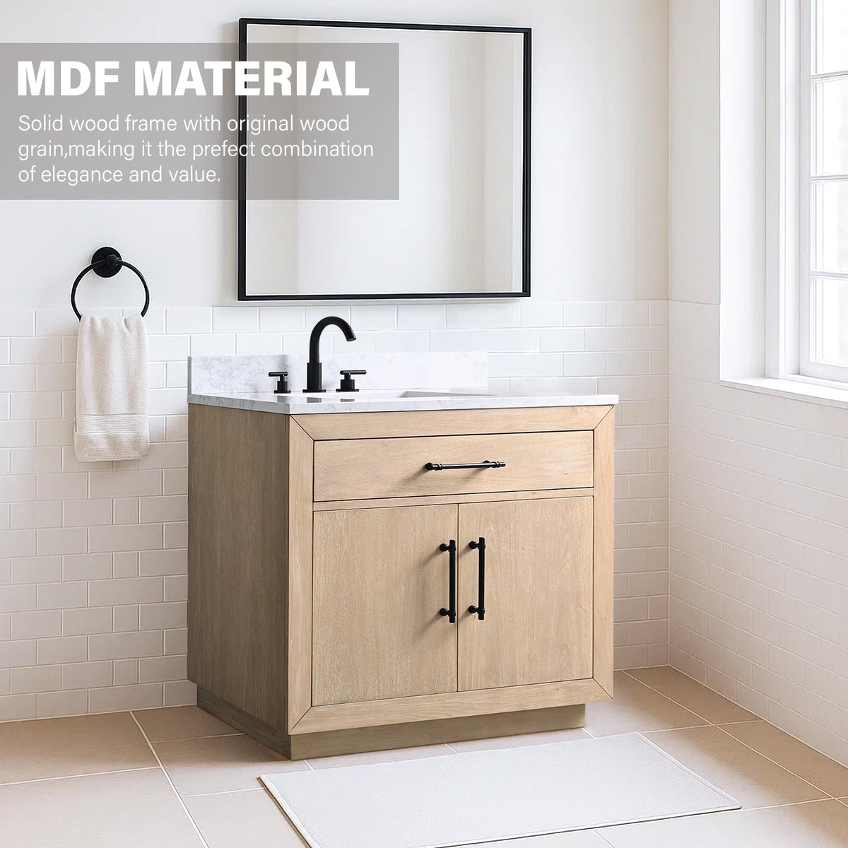 HOMEBEYOND 72" Bathroom Vanity with Double Sink & Ceramic Top, MDF Material Vanity Cabinet with Basin Combo, Soft-Closing Doors, Removable Shelf, Backsplash, Tan