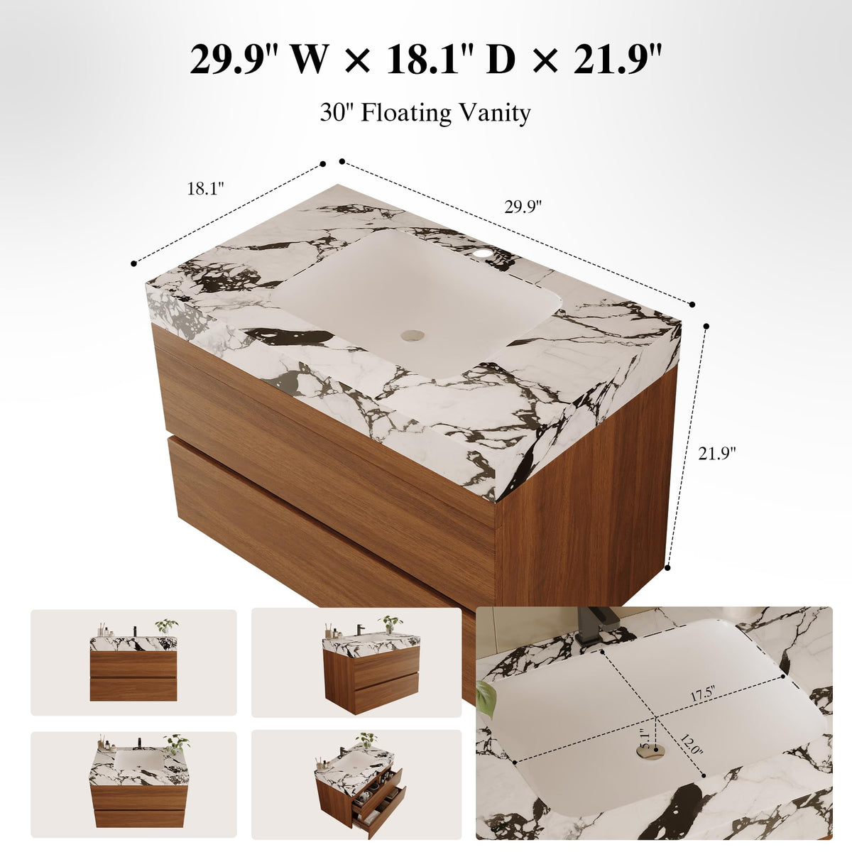 36 Inch Bathroom Vanity with Sink, Black Floating Wall Mounted Vanity