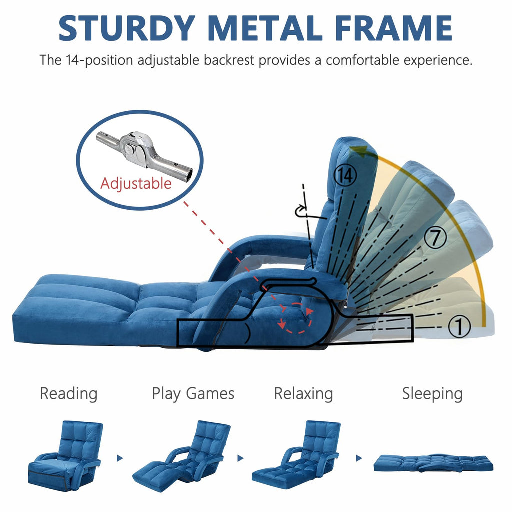 Velvet Adjustable Floor Gaming Chair with 14-Positions, Folding Floor Chair with Back Support, Indoor Floor Chairs with Armrest for Living Room, Bedroom, Balcony, Grey