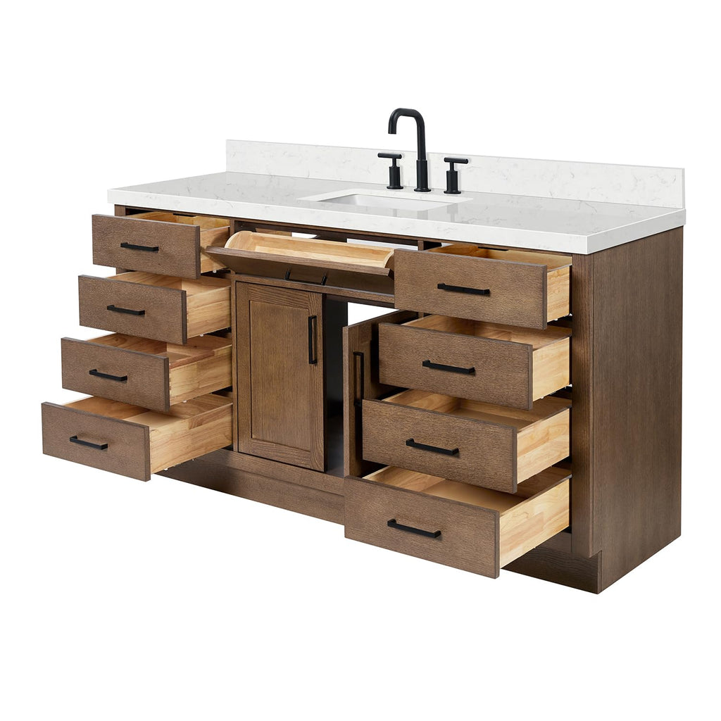 ARIEL Hepburn 66-inch Bathroom Vanity with Sink,Solid Wood, 1.5-inch Pure White Quartz Countertop & Backsplash, Single Rectangular Porcelain Sink, 2 Soft Closing Doors, 9 Dovetail Drawers, White