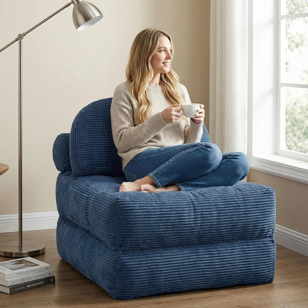 Convertible Corduroy Floor Sofa, 3-in-1 Folding Lazy Sofa Bed with Adjustable Backrest, Soft Bean Bag Chair Lounger for Living Room, Bedroom, Guest Room, Oversized Sleeper Chair